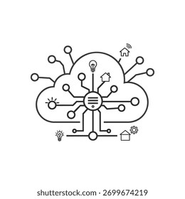 Una ilustración estilizada de una red en la nube que conecta varios dispositivos inteligentes para el hogar, bombillas y engranajes, simbolizando la interconexión y la automatización inteligente en los espacios de vida modernos.