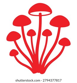 A stylized illustration of a cluster of red mushrooms with distinct caps and stems