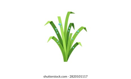 A stylized illustration of a cluster of vibrant green grass blades isolated on a white background. The blades are adorned with clear, sparkling blue water droplets, representing morning dew or rain. The design is clean and modern, suitable for environmental, nature, or growth-themed projects.