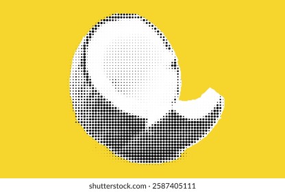 A stylized illustration of a coconut half on a bright yellow background, featuring a dotted pattern for a modern look.