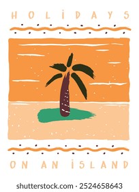 Ilustración estilizada de un árbol de coco en una playa. Arte con líneas rústicas para decoración, estampados, etc.