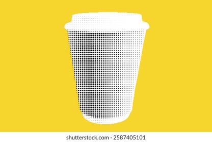 A stylized illustration of a coffee cup with a dotted pattern on a bright yellow background.