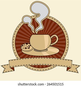 Stylized illustration of a coffee or tea cup with a ribbon.