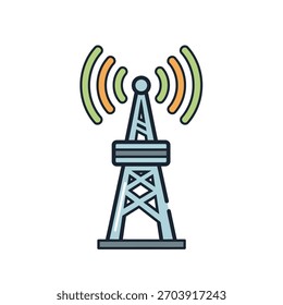Ilustração estilizada de uma torre de comunicação emitindo ondas de rádio.