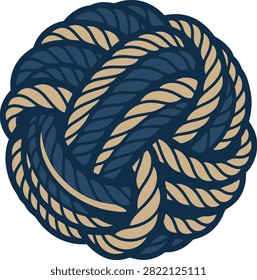 A stylized illustration of a complex monkey fist knot made from intertwined blue and beige nautical ropes.
