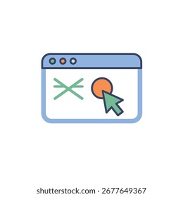 A stylized illustration of a computer cursor, colored green, pointing towards a vibrant orange circle displayed inside a simplified web browser window.