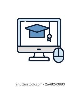 A stylized illustration of a computer monitor displaying a graduation cap. Modern flat style over a White Background.