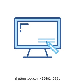 Stylized illustration of a computer monitor with pen icon showing digital writing in a flat design style with limited colors.