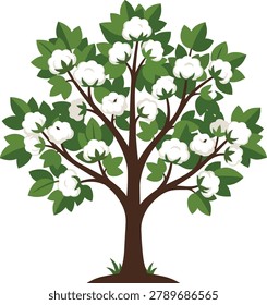 A stylized illustration of a cotton plant tree featuring green leaves and fluffy white cotton bolls on its branches.