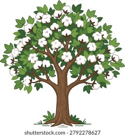 A stylized illustration of a cotton tree with green leaves and white cotton bolls.