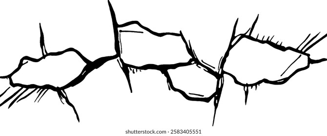 A stylized illustration of cracked surfaces, featuring jagged edges and irregular shapes. The design is bold and simplistic, suitable for backgrounds or graphic elements.