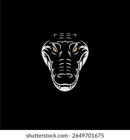 A stylized illustration of a crocodile's head, facing forward, features prominent eyes and sharp teeth against a black background.  The design is simple yet ...
