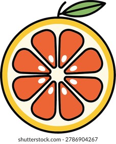 A stylized illustration of a cross-section of a citrus fruit, likely an orange or grapefruit, with eight juicy segments and a green leaf on top.
