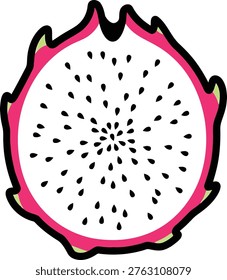 Stylized illustration of a crosssection of a vibrant pink dragon fruit slice revealing black seeds