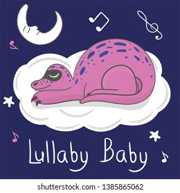 Stylized illustration of cute pink dinosaur asleep on a cloud in the starry sky. Design for children print clothes textile cards and others. Lullaby baby. 