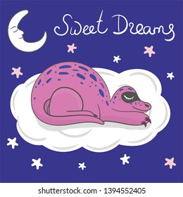 Stylized illustration of cute pink dinosaur asleep on a cloud in the starry sky. Design for children print clothes textile cards and others. Sweet dreams. 