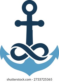 A stylized illustration of a dark blue anchor with an infinity symbol wrapped around its base, set against a white background with smooth lines and flowing curves