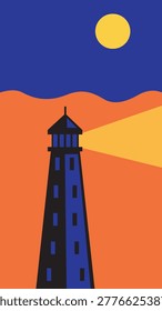 A stylized illustration of a dark blue lighthouse emitting a bright yellow beam of light against a vibrant orange and deep blue sky with a yellow moon.