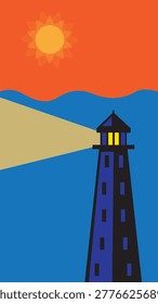A stylized illustration of a dark blue lighthouse emitting a bright yellow beam of light across a blue ocean under a vibrant orange sky with a yellow sun.