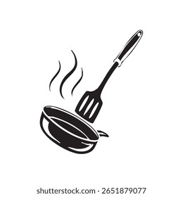 Ilustração estilizada de uma espátula azul escura virando comida em uma frigideira preta, com socos de vapor surgindo da panela, contra um fundo cinza-claro.
