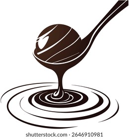 Uma ilustração estilizada de uma trufa de chocolate escuro em uma colher, com chocolate derretido pingando em círculos concêntricos em um fundo branco.