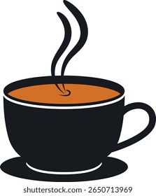 A stylized illustration of a dark cup and saucer filled with a warm, orange beverage. Wisps of steam rise from the surface, indicating a hot drink, isolated on white background.