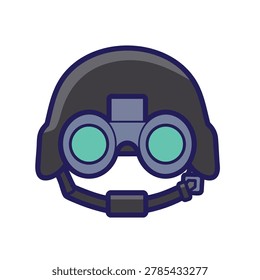 A stylized illustration of a dark grey tactical helmet equipped with blue-green night vision goggles, featuring a chin strap.