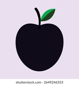 A stylized illustration of a dark purple or black fruit with a green leaf and a black stem against a light purple background.