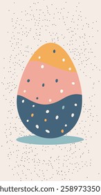 A stylized illustration of a decorative egg featuring three horizontal bands in pastel colors: yellow, pink, and blue, adorned with small dots. 