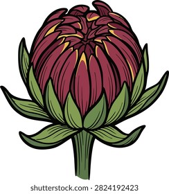 Stylized illustration of a deep red flower bud with green sepals and yellow accents perfect for botanical art or floral design