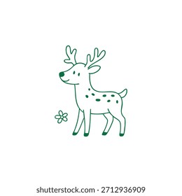 Uma ilustração estilizada de um veado com manchas e galhadas pequenas está ao lado de uma flor.