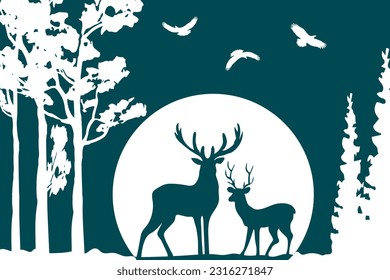 Stylized illustration with deer.Vector stylized illustration of a landscape with deer on the background of the moon.