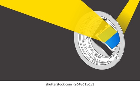 Ilustração estilizada representando uma montagem de lente de câmera com um feixe de luz amarelo vibrante iluminando um sensor retangular que é exibido.