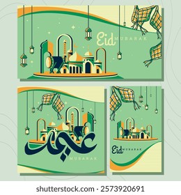 A stylized illustration depicting Eid Mubarak with a mosque, lanterns, and ketupat, conveying festive celebration.