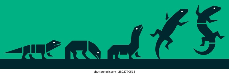 Stylized illustration depicting the evolutionary stages of a lizard-like creature, from a segmented quadruped to a more agile, upright form.