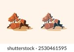 A stylized illustration depicting a man rolling a log in a forest setting with two trees.