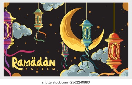 A stylized illustration depicting Ramadan Kareem with colorful hanging lanterns, a crescent moon, and clouds against a dark background.