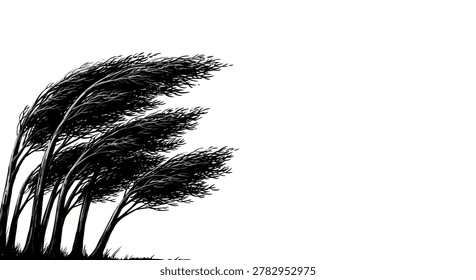 Stylized illustration depicting several trees being heavily bent over by a strong gust of wind against a white background.
