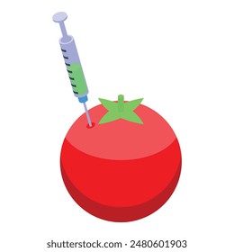 Stylized illustration depicting a syringe injecting a green substance into a ripe red tomato