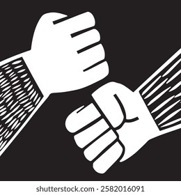 A stylized illustration depicting two fists coming together in a fist bump, symbolizing camaraderie and agreement.
