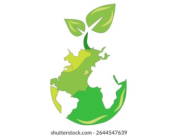 A stylized illustration depicting a vibrant green plant sprout growing directly from the top of a globe, symbolizing lushness and environmental focus, while the sprout with two leaves signifies growth