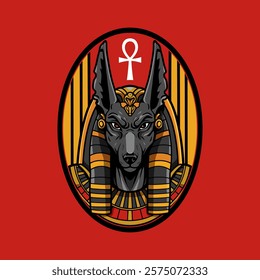 A stylized illustration depicts Anubis, the ancient Egyptian jackal-headed god, wearing a regal headdress and collar.