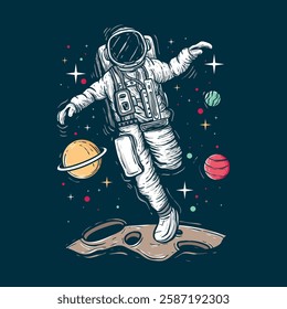 A stylized illustration depicts an astronaut joyfully leaping across the surface of a moon amidst stars and planets.