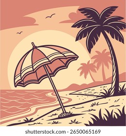A stylized illustration depicts a beach with an umbrella, palm trees, and a sunset in a vintage color palette.