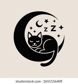 Uma ilustração estilizada retrata um gato preto enrolado em um dia especial de lua.cat crescente preto