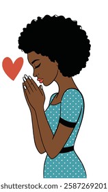 A stylized illustration depicts a Black woman in a teal polka dot dress, prayerfully clasping her hands with a red heart nearby.