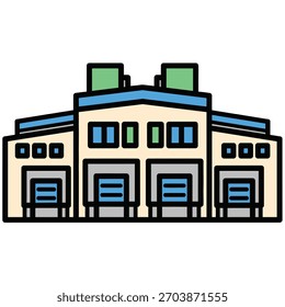 Eine stilisierte Illustration zeigt ein Gebäude mit mehreren Ladedocks und architektonischen Details.