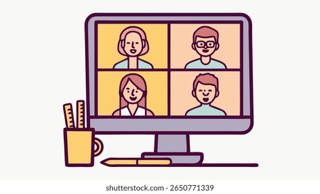 A stylized illustration depicts a computer monitor displaying four individuals in a grid layout, representing a video conference. A pen and ruler holder sit beside the screen.