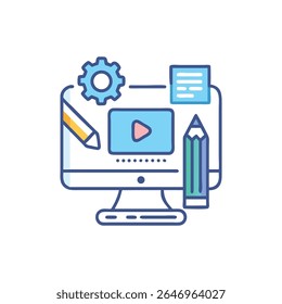 Stilisierte Illustration zeigt einen Computer mit Video-, Getriebe-, Bleistift- und Dokumentensymbolen, die die Erstellung digitaler Inhalte und den Workflow darstellen.