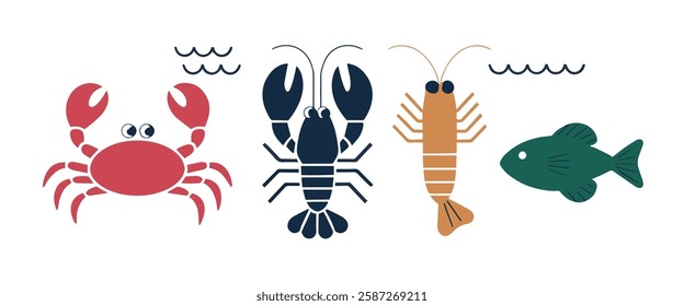 A stylized illustration depicts a crab, lobster, shrimp, and fish swimming in the ocean.